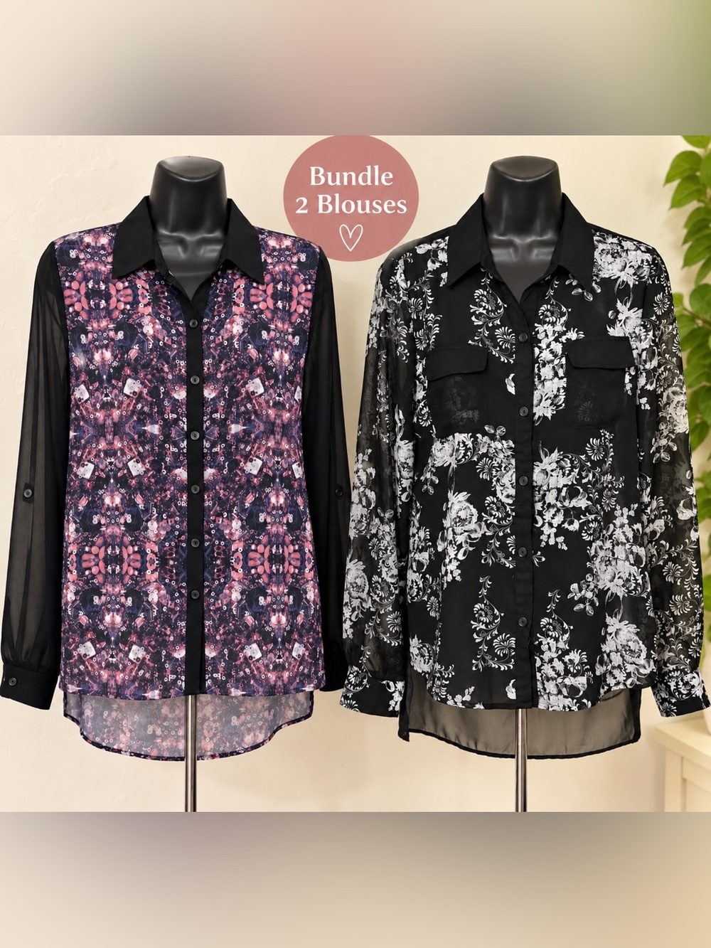Studio Y Women's Black & Pink Patterned Button-Down Blouses - 2-Pack